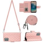 Custodia per cellulare in pelle con texture rombica per Nokia G22 con cordino lungo (rosa corallo)