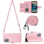 Custodia per cellulare in pelle con texture rombica per Nokia G22 con cordino lungo (rosa)