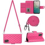 Custodia per cellulare in pelle con texture rombica per Nokia C32 con cordino lungo (rosa rossa)