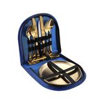 Set Di Posate Portatili In Acciaio Inossidabile Set Di Cucchiai Forchetta Coltello Da Bistecca Occidentale, Colore: Oro Blu