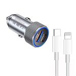 Caricabatteria da auto USB P19 PD20W USB-C + QC18W in metallo con cavo dati da Type-C a 8 pin (grigio argento)