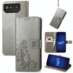 Per Asus ROG Phone 6 Custodia per telefono in pelle con fibbia in rilievo a quattro foglie (grigio)