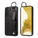 Per Samsung Galaxy S22+ 5G Custodia per telefono con anello per slot per schede da polso con texture in vitello (Nero)