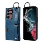 Per Samsung Galaxy S22 Ultra 5G Custodia per telefono con anello per slot per schede da polso con texture in vitello (blu)