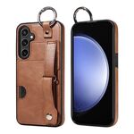 Per Samsung Galaxy S23 FE 5G Custodia per telefono con anello per slot per schede da polso con texture in vitello (marrone)