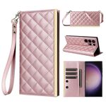Custodia per telefono in pelle con ventosa rombica a tracolla per Samsung Galaxy S22 Ultra 5G (oro rosa)