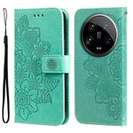 Custodia per telefono in pelle con stampa a fiori a 7 petali Xiaomi 14 Ultra (verde)