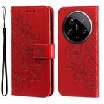 Custodia per telefono in pelle con stampa a fiori a 7 petali Xiaomi 14 Ultra (rossa)