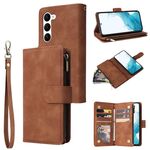 Per Samsung Galaxy S23 5G Custodia multifunzionale in pelle con cerniera satinata a portafoglio (marrone)
