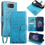 Custodia per telefono in pelle con motivo Flip Tree e cervo in rilievo per Asus Zenfone 8 (blu)