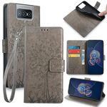 Custodia per telefono in pelle con motivo Flip Tree e cervo in rilievo per Asus Zenfone 8 (grigio)