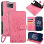 Custodia per telefono in pelle con motivo Flip Tree e cervo in rilievo per Asus Zenfone 8 (rosa)