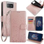 Custodia per telefono in pelle con motivo Flip Tree e cervo in rilievo per Asus Zenfone 8 (oro rosa)