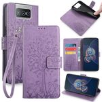 Custodia per telefono in pelle con motivo Flip Tree e cervo in rilievo per Asus Zenfone 8 (viola)