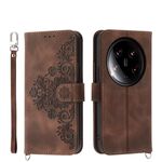 Per Xiaomi 14 Custodia per telefono in pelle a portafoglio con fiori in rilievo ultra skin-feel (marrone)