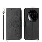Per Xiaomi 14 Custodia per telefono in pelle a portafoglio con fiori in rilievo ultra skin-feel (nero)