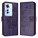 Per OPPO Reno 11F 5G Custodia per cellulare in pelle con farfalla in rilievo globale (viola scuro)