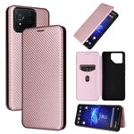 Custodia per cellulare in pelle flip con texture in fibra di carbonio per ASUS ROG Phone 8 (rosa)