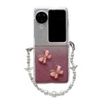 Per OPPO Find N3 Flip Glitter Powder 3D Butterfly PC Fibbia laterale Custodia per telefono antiurto a copertura totale con braccialetto di perle (Rosso)