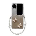 Per OPPO Find N3 Flip Glitter Powder 3D Butterfly PC Fibbia laterale Custodia per telefono antiurto a copertura totale con braccialetto di perle (Oro)