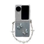 Per OPPO Find N3 Flip Glitter Powder 3D Butterfly PC Custodia antiurto con fibbia laterale a copertura totale con braccialetto di perle (Blu)