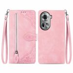 Per OPPO Reno11 5G Custodia per telefono in pelle con cerniera fiore in rilievo EU (rosa)