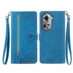 Per OPPO Reno11 5G Custodia per telefono in pelle con cerniera fiore in rilievo EU (blu)