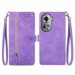 Per OPPO Reno11 5G Custodia per telefono in pelle con cerniera fiore in rilievo EU (viola)
