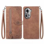 Per OPPO Reno11 5G Custodia per telefono in pelle con cerniera fiore in rilievo EU (marrone)