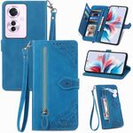 Per OPPO Reno11 F 5G Custodia per telefono in pelle con cerniera fiore in rilievo (blu)