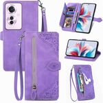 Per OPPO Reno11 F 5G Custodia per telefono in pelle con cerniera fiore in rilievo (viola)