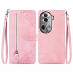 Per OPPO Reno11 Pro 5G Custodia per telefono in pelle con cerniera fiore in rilievo (rosa)