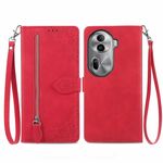 Per OPPO Reno11 Pro 5G Custodia per telefono in pelle con cerniera fiore in rilievo (rossa)