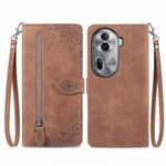 Per OPPO Reno11 Pro 5G Custodia per telefono in pelle con cerniera fiore in rilievo (marrone)