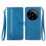 Custodia per telefono in pelle con cerniera fiore ultra goffrata per Xiaomi 14 (blu)