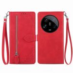Custodia per telefono in pelle con cerniera fiore ultra goffrata per Xiaomi 14 (rossa)