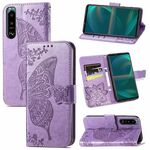 Per Sony Xperia 5 IV Butterfly Love Flower Custodia in pelle goffrata (lavanda)