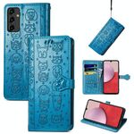 Per Samsung Galaxy A14 5G Cute Cat and Dog Custodia in pelle goffrata (blu)