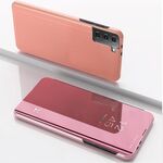 Per Samsung Galaxy S23 + Custodia per telefono in pelle a specchio placcata 5G con supporto (oro rosa)