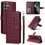 Custodia per cellulare in pelle con reticolo diamantato per Samsung Galaxy S22 Ultra 5G (vino rosso)