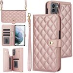 Custodia per telefono in pelle rombica multifunzione a tracolla per Samsung Galaxy S22 5G (oro rosa)