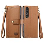 Per Sony Xperia 10 VI Love Custodia in pelle con cordino e cerniera (marrone)