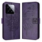 Custodia per telefono in pelle con farfalla in rilievo globale Xiaomi 14 5G (viola scuro)