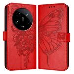 Custodia per telefono in pelle farfalla goffrata globale Xiaomi 14 Ultra 5G (rossa)