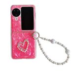 Per OPPO Find N3 Flip Custodia per telefono con motivo a cuore con texture a conchiglia perlescente e braccialetto (Rosso)