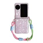 Per OPPO Find N3 Flip Custodia per telefono con fibbia laterale con texture a conchiglia perlescente e braccialetto arcobaleno (rosa)