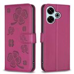 Custodia per telefono in pelle goffrata a quattro foglie per Xiaomi Poco M6 4G / Redmi 13 4G (rosa rosso)