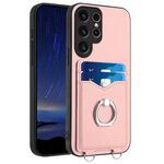Custodia per telefono con porta carte ad anello per Samsung Galaxy S22 Ultra 5G R20 (rosa)