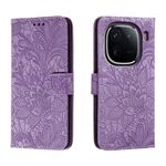 Custodia per cellulare in pelle con vibrazione in rilievo con fiori in pizzo per vivo iQOO 12 (viola)