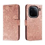 Custodia per cellulare in pelle con vibrazione in rilievo con fiori in pizzo per vivo iQOO 12 (oro rosa)